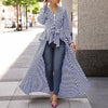 Women 2022 Summer Fashion Casual Long Shirt Workwear Office Formal V-Neck Top Striped Tie Waist Dip Hem Irregular Blouse