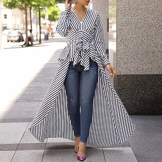 Women 2022 Summer Fashion Casual Long Shirt Workwear Office Formal V-Neck Top Striped Tie Waist Dip Hem Irregular Blouse
