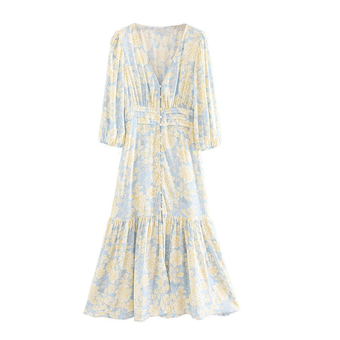 Women 2023 Elegant Floral Print Ruffled Midi Dress Vintage V NecK Three Quarter Sleeve Female Dresses Vestidos robe