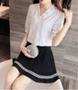 Women 2023 Sweet Ruffled White Blouses Vintage V Neck Short Sleeve Stretch Female Shirts Blusas Chic Tops Elegant