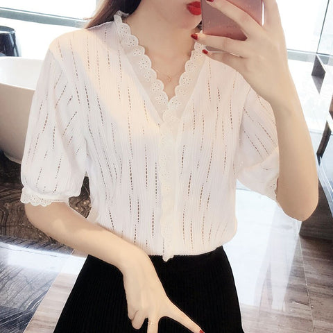 Women 2023 Sweet Ruffled White Blouses Vintage V Neck Short Sleeve Stretch Female Shirts Blusas Chic Tops Elegant