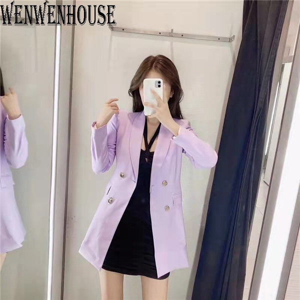 Women 2023 Double Breasted Blazer Coat Vintage Long Sleeve Flap Pockets Female Outerwear Chic Tops