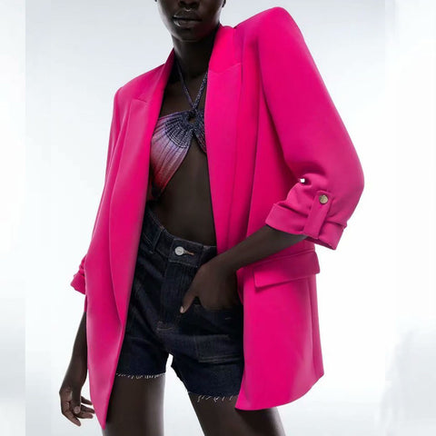 Women 2023 Multicolor Casual Blazer Coat Vintage Rollable Sleeves Pocket Accessories Female Outerwear Chic Femme