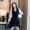 Women 2022 Year Spring Patchwork V Neck Ruffled French Black Velvet Mini Elegant Party Dress