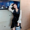 Women 2022 Year Spring Patchwork V Neck Ruffled French Black Velvet Mini Elegant Party Dress