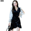 Women 2022 Year Spring Patchwork V Neck Ruffled French Black Velvet Mini Elegant Party Dress