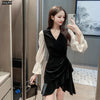 Women 2022 Year Spring Patchwork V Neck Ruffled French Black Velvet Mini Elegant Party Dress