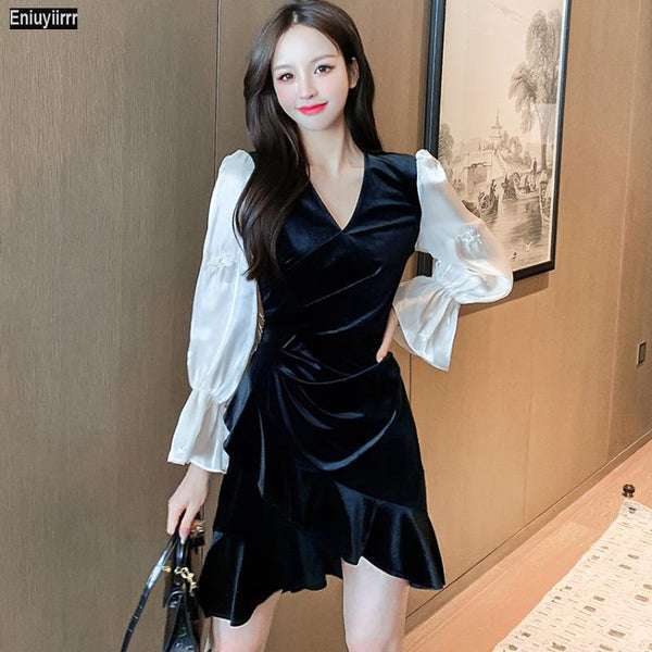 Women 2022 Year Spring Patchwork V Neck Ruffled French Black Velvet Mini Elegant Party Dress