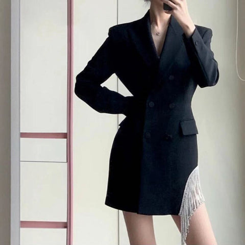 Women 2023 Solid Colors Elegant Black Tassel Blazers Casual Office Blazer Spring Autumn Jacket Work Wear Formal Clothes