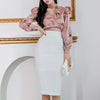 Women 2022 spring Autumn OL 2 Pieces Set Ruffles Print Blouses & Sheath Pencil Bodycon Skirt Office Lady Skirt Suit