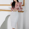 Women 2022 spring Autumn OL 2 Pieces Set Ruffles Print Blouses & Sheath Pencil Bodycon Skirt Office Lady Skirt Suit