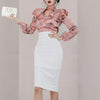 Women 2022 spring Autumn OL 2 Pieces Set Ruffles Print Blouses & Sheath Pencil Bodycon Skirt Office Lady Skirt Suit