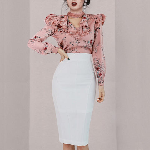 Women 2022 spring Autumn OL 2 Pieces Set Ruffles Print Blouses & Sheath Pencil Bodycon Skirt Office Lady Skirt Suit