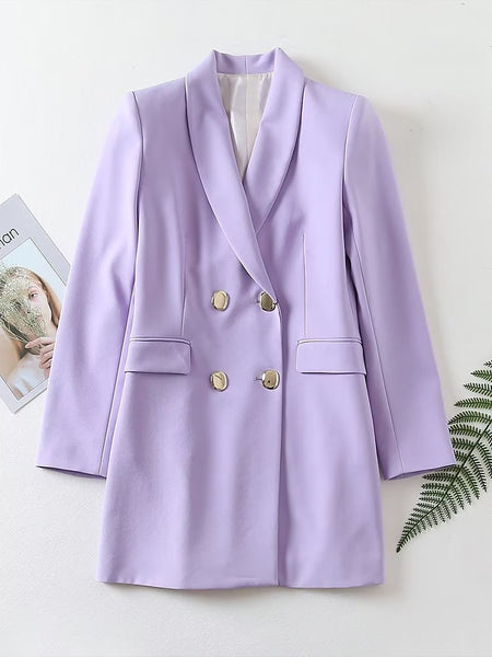 Women 2023 Autumn Flap Pocket Double Breasted Blazer Vintage Long Sleeve Female Outerwear Chic Femme