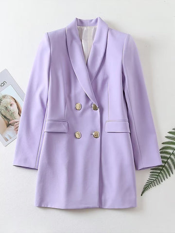 Women 2023 Autumn Flap Pocket Double Breasted Blazer Vintage Long Sleeve Female Outerwear Chic Femme