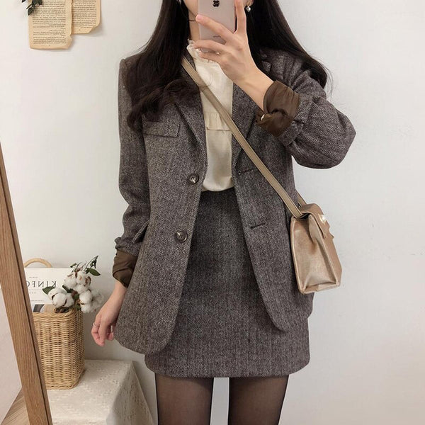 Women 2023 Autumn Winter Woolen Sets Female Long Sleeve Blazer Coats + High Waist Mini Skirts Ladies 2 Piece Suits K14