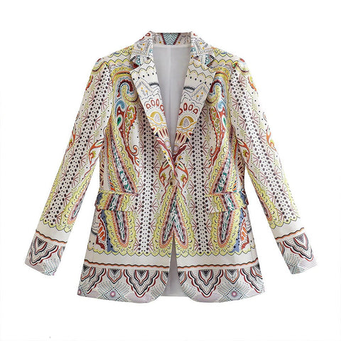 Women 2023 Printed Casual Blazer Vintage Lapel Long Sleeves Flap Pockets Button Chic Tops Female Outerwear Mujer