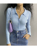 Women 2023 Lapel Slim Slimming Tops Ladies Hollow Buttons Sexy V Neck Long Sleeve POLO Neck Knit Cardigan Sweater Women