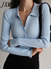 Women 2023 Lapel Slim Slimming Tops Ladies Hollow Buttons Sexy V Neck Long Sleeve POLO Neck Knit Cardigan Sweater Women