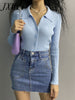 Women 2023 Lapel Slim Slimming Tops Ladies Hollow Buttons Sexy V Neck Long Sleeve POLO Neck Knit Cardigan Sweater Women