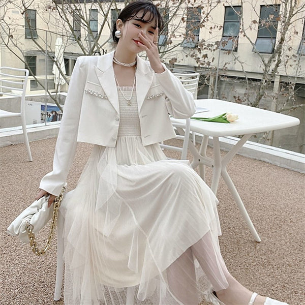 Women 2023 Spring Autumn Two Piece Sets Female Long Sleeve Solid Blazer Coats + Sling Gauze Loose Skirts Ladies Suits L53