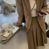 Women 2023 Spring Autumn Retro 2 Piece Sets Female Solid Color Blazer Jackets + High Waist Pleated Skirts Ladies Suits D240