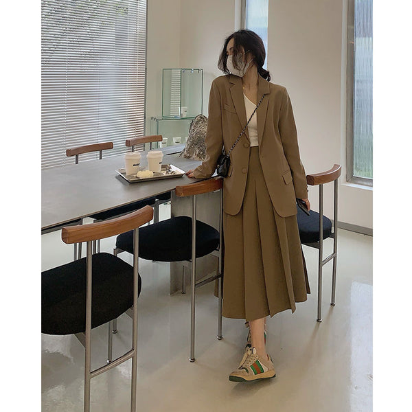 Women 2023 Spring Autumn Retro 2 Piece Sets Female Solid Color Blazer Jackets + High Waist Pleated Skirts Ladies Suits D240
