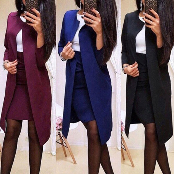 Women 2Pcs Long Blazer Jacket And Skirt Suit Set Long Sleeve Office Lady Autumn Dress Solid Slim Formal Bodycon Mini Skirt Suit