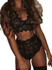Women 2Pcs Underwear Set Solid Lace Floral Embroidery V-Neck Short Sleeves Crop Top High Waist Briefs Sexy Perspective Soft