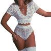 Women 2Pcs Underwear Set Solid Lace Floral Embroidery V-Neck Short Sleeves Crop Top High Waist Briefs Sexy Perspective Soft