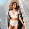Women 2Pcs Underwear Set Solid Lace Floral Embroidery V-Neck Short Sleeves Crop Top High Waist Briefs Sexy Perspective Soft