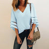 Women 3/4 Flare Sleeve Chiffon Blouse Summer Autumn V Neck Loose Tops Mesh Stitching Tunic Shirt Plus Size