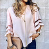 Women 3/4 Flare Sleeve Chiffon Blouse Summer Autumn V Neck Loose Tops Mesh Stitching Tunic Shirt Plus Size