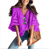 Women 3/4 Flare Sleeve Chiffon Blouse Summer Autumn V Neck Loose Tops Mesh Stitching Tunic Shirt Plus Size