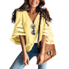 Women 3/4 Flare Sleeve Chiffon Blouse Summer Autumn V Neck Loose Tops Mesh Stitching Tunic Shirt Plus Size