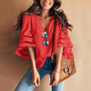 Women 3/4 Flare Sleeve Chiffon Blouse Summer Autumn V Neck Loose Tops Mesh Stitching Tunic Shirt Plus Size