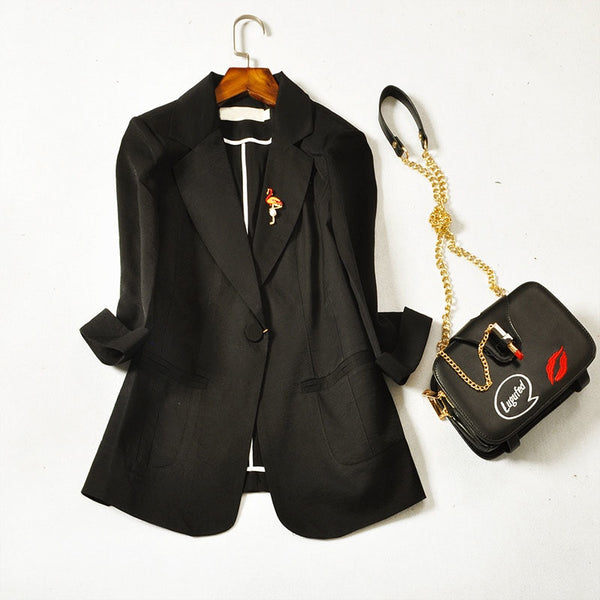 Women 3/4 sleeve blazer fashion single button nothched suit ladies slim fit casual work office business blazer suits black white