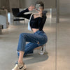Women's Pants Straight Leg Jeans Women High Waist Slim Loose Summer Hole Pants Casual Washed Mom Trousers