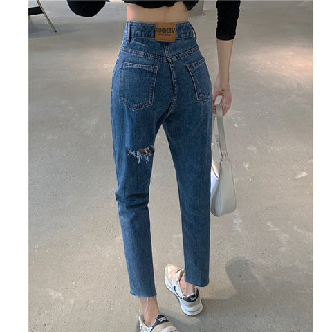 Women's Pants Straight Leg Jeans Women High Waist Slim Loose Summer Hole Pants Casual Washed Mom Trousers