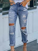 Women's Stretch Hole Slim Denim Pants Street Wear Ladies Skinny Jeggings Jeans Mom Ripped Slimming Denim Pants High-Waist Jeans