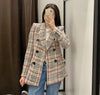 Women&#39;s Vintage Plaid Tweed Blazer Coat Double Breasted Long Sleeve Jacket Top Ladies Elegant Office Suit Outwear