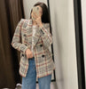Women&#39;s Vintage Plaid Tweed Blazer Coat Double Breasted Long Sleeve Jacket Top Ladies Elegant Office Suit Outwear