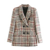 Women&#39;s Vintage Plaid Tweed Blazer Coat Double Breasted Long Sleeve Jacket Top Ladies Elegant Office Suit Outwear
