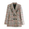Women&#39;s Vintage Plaid Tweed Blazer Coat Double Breasted Long Sleeve Jacket Top Ladies Elegant Office Suit Outwear