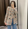 Women&#39;s Vintage Plaid Tweed Blazer Coat Double Breasted Long Sleeve Jacket Top Ladies Elegant Office Suit Outwear