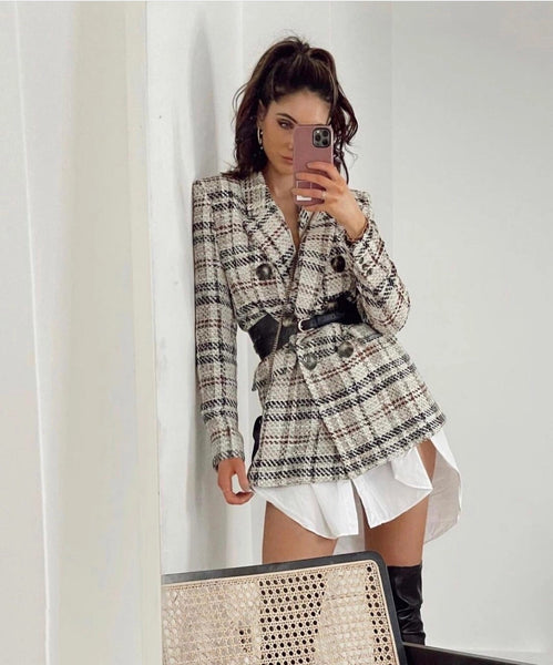 Women&#39;s Vintage Plaid Tweed Blazer Coat Double Breasted Long Sleeve Jacket Top Ladies Elegant Office Suit Outwear
