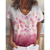 Women 3D Leaves Print T Shirt Summer Casual Short Sleeve V-Neck Loose Pullover Shirt Ladies Tops