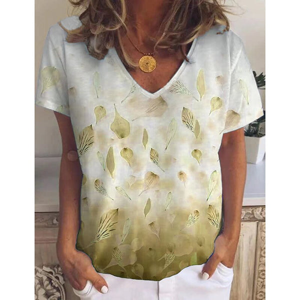 Women 3D Leaves Print T Shirt Summer Casual Short Sleeve V-Neck Loose Pullover Shirt Ladies Tops