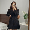 Women Autumn Blue Long Blazer Coat with Belt Double Breasted Fungus Collar Full Sleeve Outerwear Female Office Lady