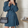 Women Autumn Blue Long Blazer Coat with Belt Double Breasted Fungus Collar Full Sleeve Outerwear Female Office Lady